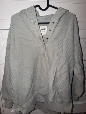 Aerie Ribbed Snap-Front Hoodie in Light Grey XXS